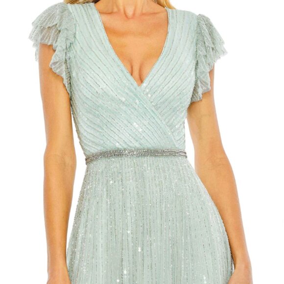 MAC DUGGAL 5502 SEQUINED WRAP OVER RUFFLED CAP SLEEVE SEAMIST GOWN sz 10 - Picture 2 of 4